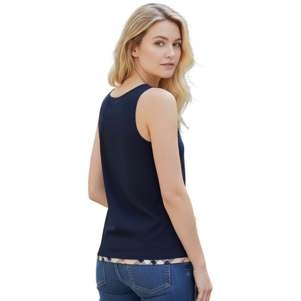 NWT Burberry Brit Navy Blue Nova Check Trim Tank Top Shirt M Holiday Gift Ready - Picture 2 of 7